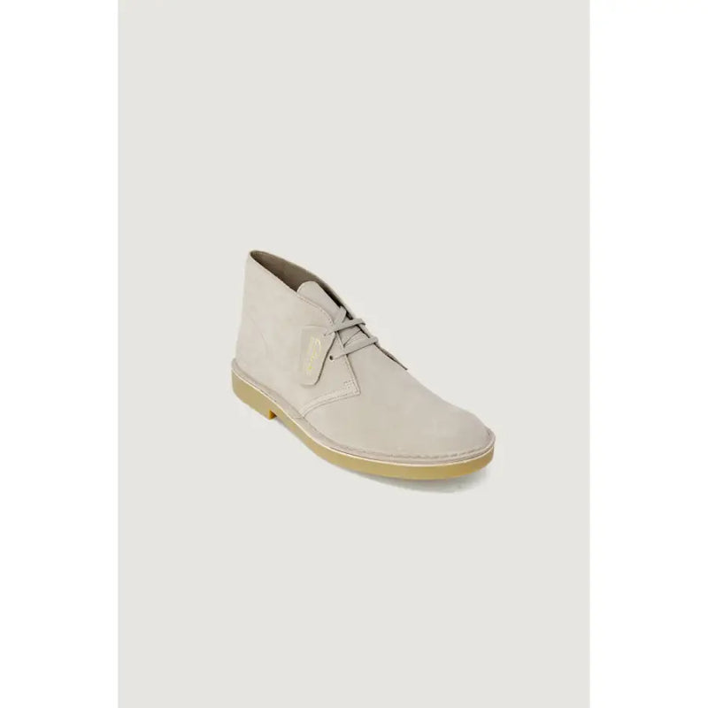 Clarks Herren-Schnürschuhe aus grauem Kunstleder mit hellbeigem Wildleder-Desert-Boot-Stil und hellbrauner Gummisohle, Größe 2,5