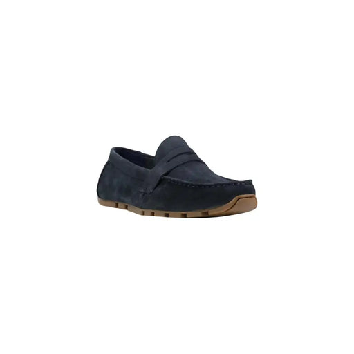 Clarks men moccasin navy blue suede loafer with tan rubber sole and stitched detailing for spring summer wear