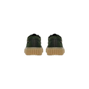 Clarks men slip on shoes in dark green canvas with tan rubber sole and white stitching detail lightweight design