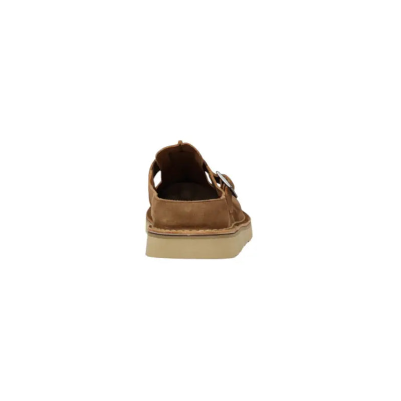 Clarks Herren-Hausschuhe, beigefarbenes Leder, braunes Wildleder, Mokassin-Sandalen mit silberner Schnalle und hellbeiger Gummisohle, Größe 10