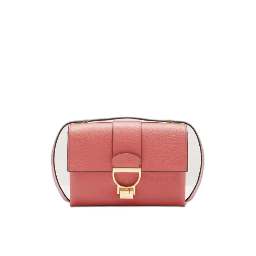 Coccinelle women bag close-up with pink and white design and gold ring feature