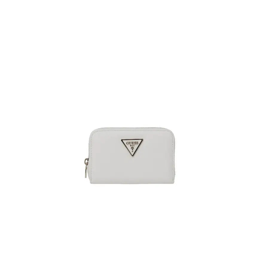 Close-up view of Guess Women Wallet in urban city style with white purse and triangle design