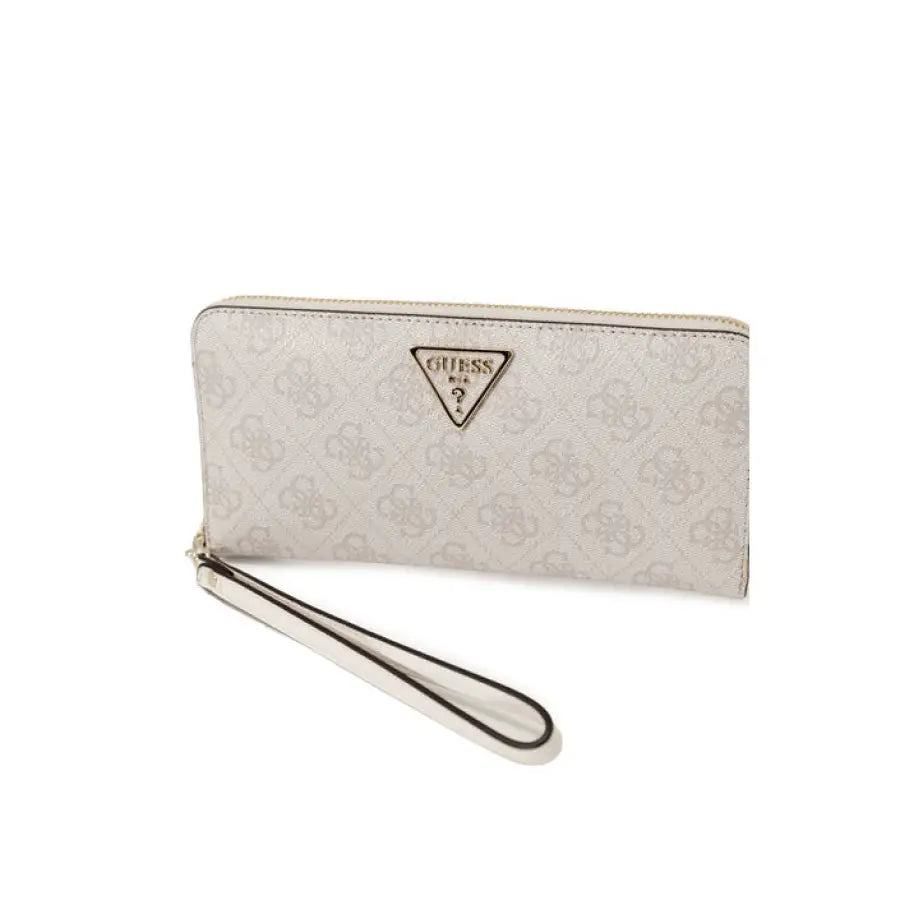 
                      
                        Close-up white Guess wallet with wrist strap highlighting urban city style fashion
                      
                    