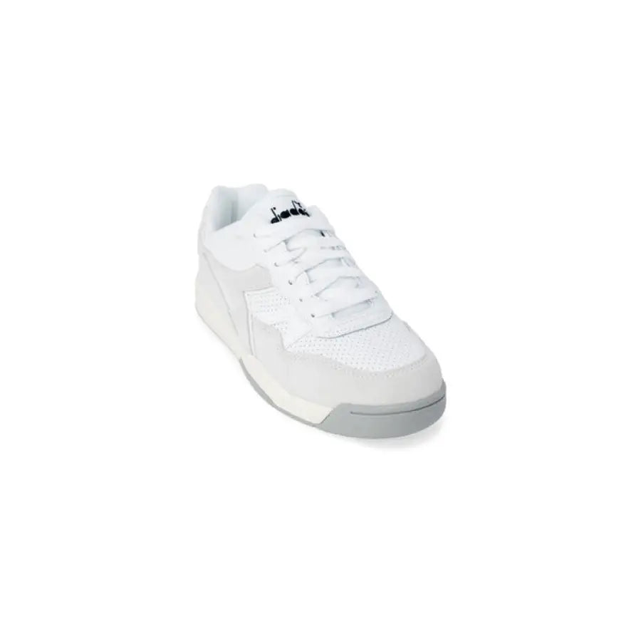Diadora Men Sneakers close-up, white shoe with black logo, urban city style fashion