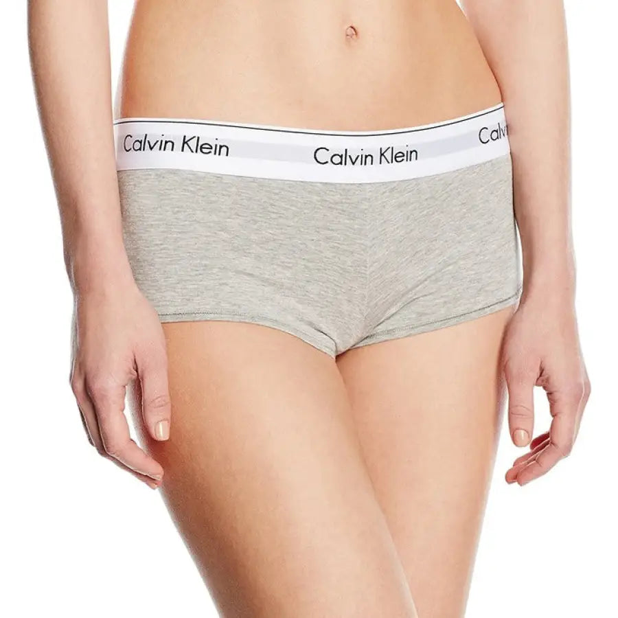 Close up of woman in Calvin Klein gray underwear briefs for women