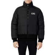 Schwarze, gesteppte Baumwoll-Pufferjacke mit hohem Kragen und weißem CNC-Kostüm-Nationallogo auf der Brust für Herren