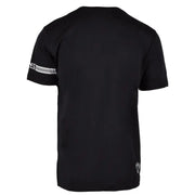CNC Costume National men’s black cotton short-sleeved round neck t-shirt with white nc branding and left sleeve stripes