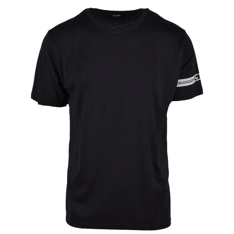 Cnc costume national men’s black cotton t-shirt with white horizontal stripes and small logo on left sleeve