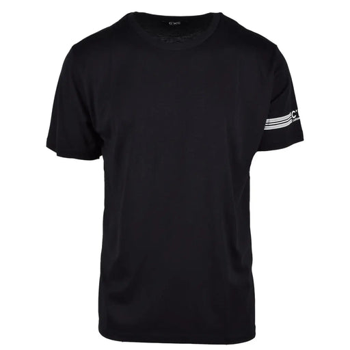 Cnc costume national men’s black cotton t-shirt with white horizontal stripes and small logo on left sleeve