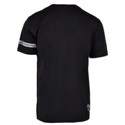 CNC Costume National men’s black cotton short-sleeved round neck t-shirt with white nc branding and left sleeve stripes