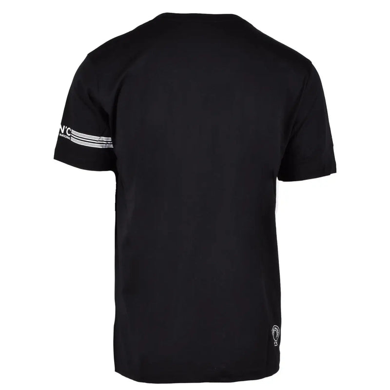 CNC Costume National men’s black cotton short-sleeved round neck t-shirt with white nc branding and left sleeve stripes