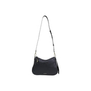 Coccinelle black leather crossbody bag with textured surface, sleek minimalist design, and silver-toned hardware