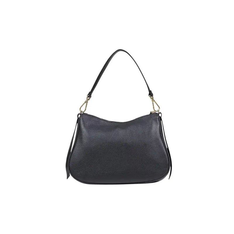 Coccinelle black leather handbag with pebbled texture single shoulder strap gold-tone hardware and zip pocket