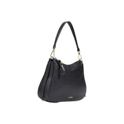Coccinelle black leather hobo bag with textured leather, gold-tone hardware, single shoulder strap, and zip pocket
