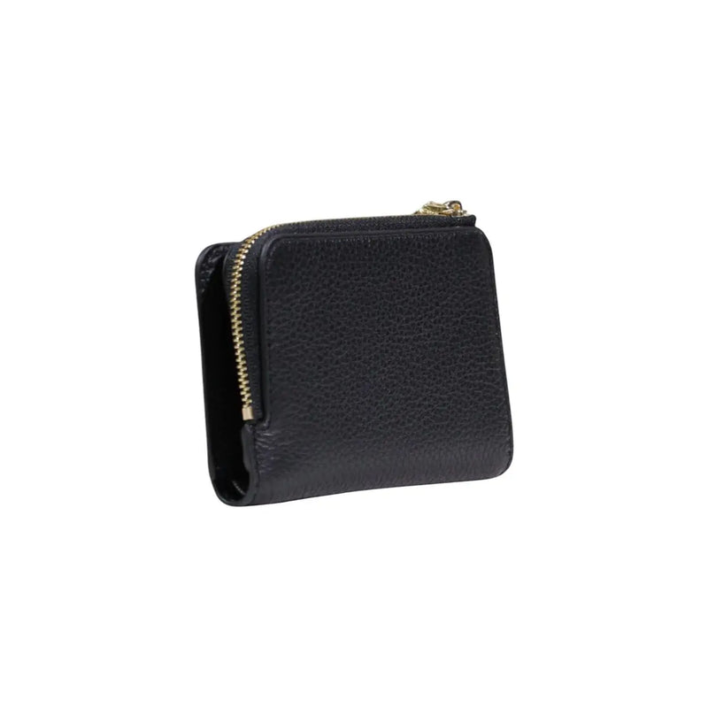 Coccinelle black leather zip wallet for women featuring textured leather and gold-tone zipper closure