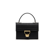Coccinelle women black textured leather handbag with gold-tone d-shaped clasp and top handle Arlettis 24cm