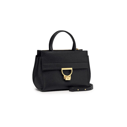 Coccinelle Schwarze Damen-Ledertasche Arlettis, 24 cm, mit genarbtem Leder, goldfarbenem D-förmigem Verschluss und top handhaben