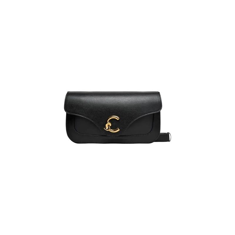 Coccinelle women black leather shoulder bag 26 cm with gold-tone c-shaped clasp and adjustable crossbody strap