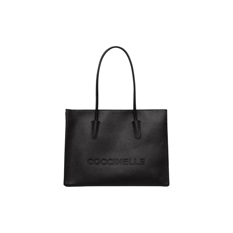Black textured leather tote bag with embossed Coccinelle branding in the front by Coccinelle Women W40.5
