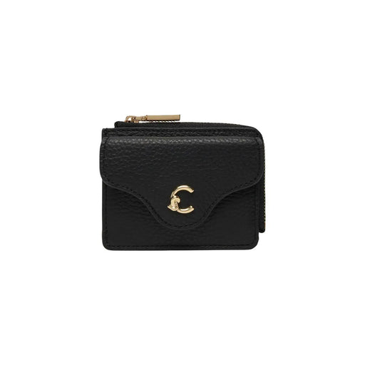 Schwarze Mini-Geldbörse aus strukturiertem Leder von Coccinelle mit goldfarbenem C-Logo-Verschluss und Reißverschlusstaschen, B 10 x H 8,5 cm