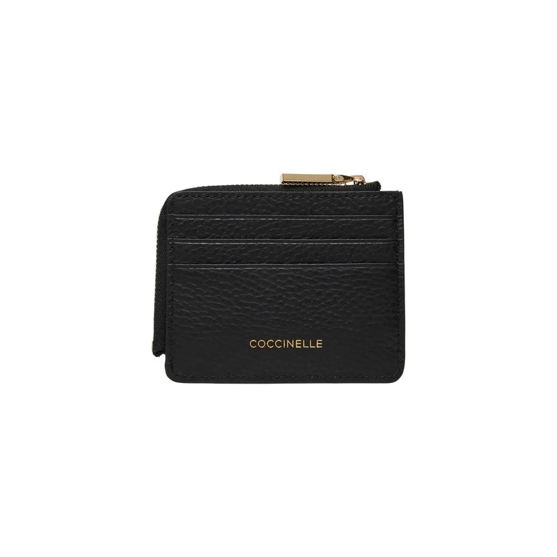 Black textured leather cardholder with gold-tone zipper and coccinelle branding for women with zip pockets