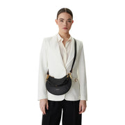 Black leather crescent-shaped crossbody bag by Coccinelle with gold-tone hardware and grey zip pockets 24x16x5cm