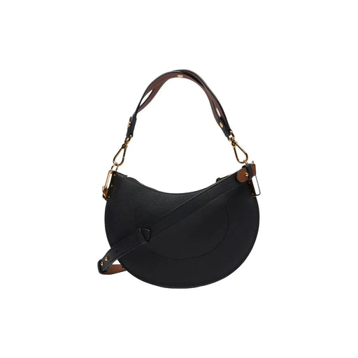 Coccinelle Schwarze Damen-Ledertasche mit braunen Akzenten, goldfarbenen Beschlägen, grauen Reißverschlusstaschen, 24 x 16 x 5 cm, halbmondförmig