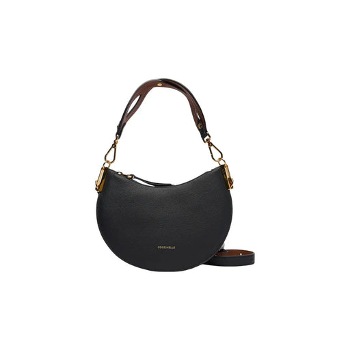 Coccinelle Damen-Ledertasche, grau, halbmondförmig, aus schwarzem genarbtem Leder mit braunem Futter und goldfarbenen Beschlägen