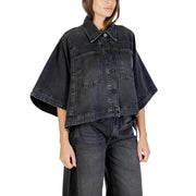 Colcci women black denim cape jacket with wide flowing sleeves front button closure and pockets