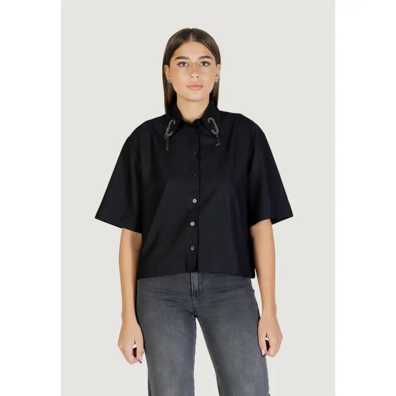 Colcci women black short sleeve button shirt with round neck and silver chain embellishments on the collar