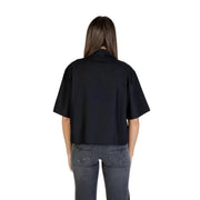 Colcci women black short-sleeved cropped blouse with collar and button details in lightweight fabric