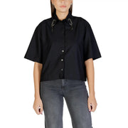 Colcci women black short sleeve button shirt with embellished collar details for stylish casual wear