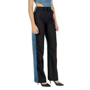 Colcci women black jeans fall winter collection featuring high waist black and blue denim contrast pants with side seam detailing