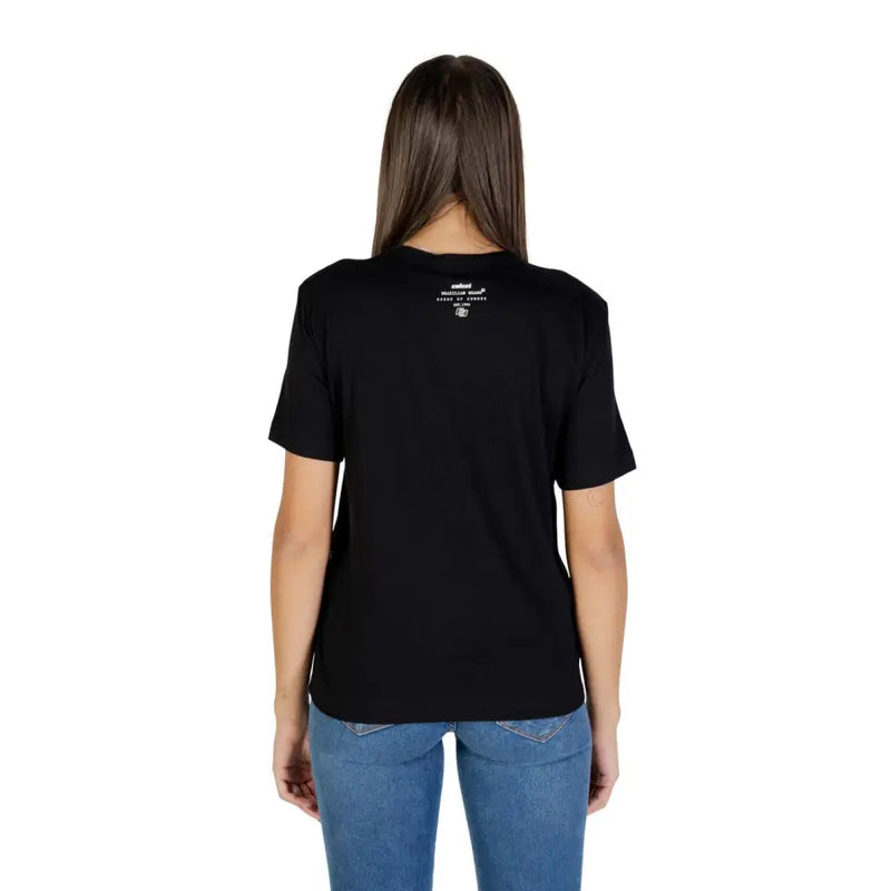 Black short-sleeved Colcci women t-shirt with white print and logo on the back in round neck design