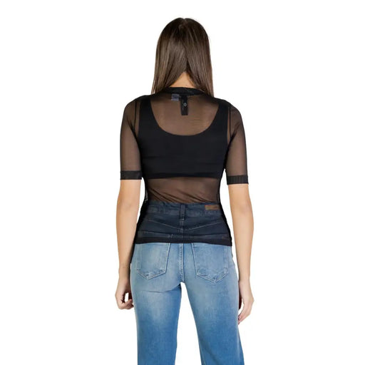 Colcci women black short sleeve round neck blouse featuring sheer mesh crop top with solid black waistband and sleeves