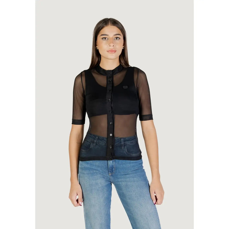 Colcci women black sheer mesh button-up top with short sleeves and high collar in lightweight fabric
