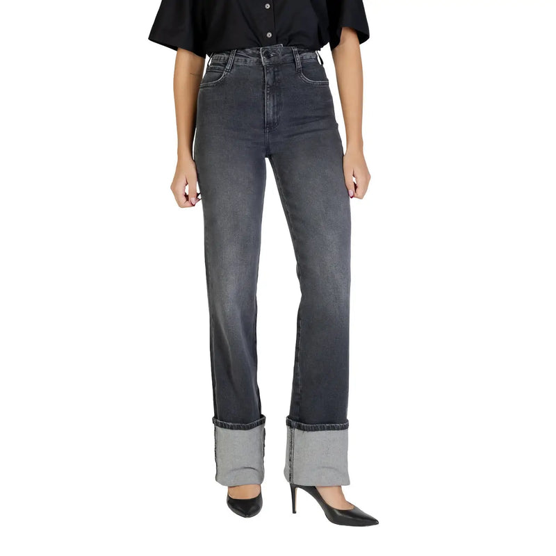 Colcci Damen-Baumwolljeans, schwarz, Stretch-Passform, hochgeschnitten, dunkelgrauer Denim mit verwaschenem Look und umgeschlagenen Säumen
