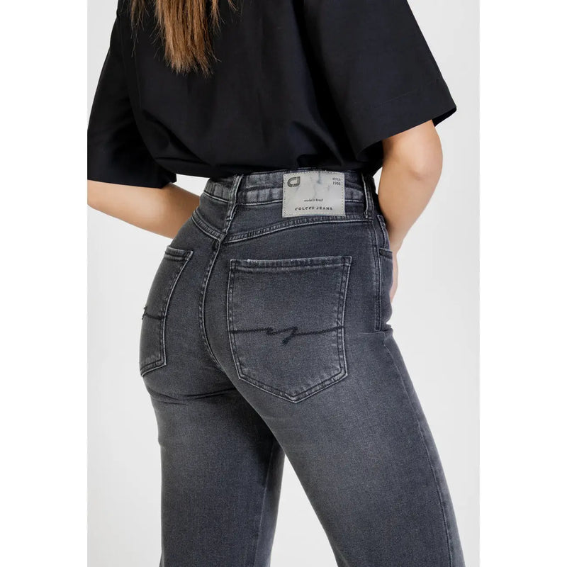 Colcci Damen-Jeans aus schwarzer Baumwolle mit Stretchanteil, dunkelgrau, hochgeschnitten, mit dezentem Used-Look und Markenlabel am Bund