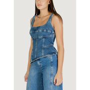 Korsett aus blauem Denim top mit eckigem Ausschnitt und sichtbaren Ziernähten von Colcci Damen, hellblauer eckiger Ausschnittträger top