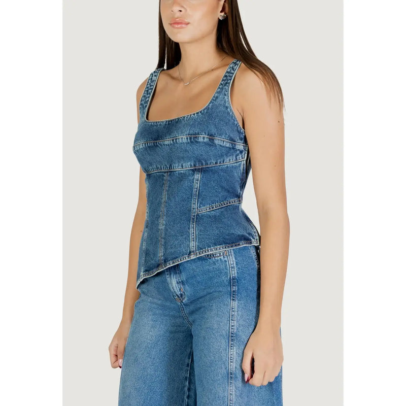 Korsett aus blauem Denim top mit eckigem Ausschnitt und sichtbaren Ziernähten von Colcci Damen, hellblauer eckiger Ausschnittträger top