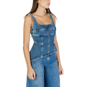 Colcci Damen-Tanktop aus hellblauem Denim im Korsett-Stil top mit sichtbaren Nähten und eckigem Ausschnitt, Artikel 036.11