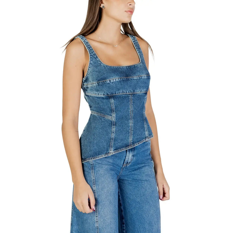 Colcci Damen-Tanktop aus hellblauem Denim im Korsett-Stil top mit sichtbaren Nähten und eckigem Ausschnitt, Artikel 036.11
