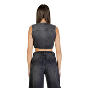 Colcci Damen ärmelloses, dunkelgraues Denim-Crop-Top top mit Rundhalsausschnitt und sichtbaren Ziernähten