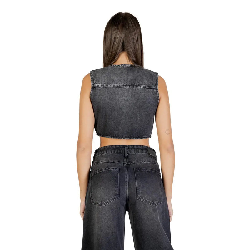 Colcci Damen ärmelloses, dunkelgraues Denim-Crop-Top top mit Rundhalsausschnitt und sichtbaren Ziernähten