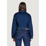 Dark blue denim colcci women’s jacket with classic collar buttoned waistband and long zip with pockets