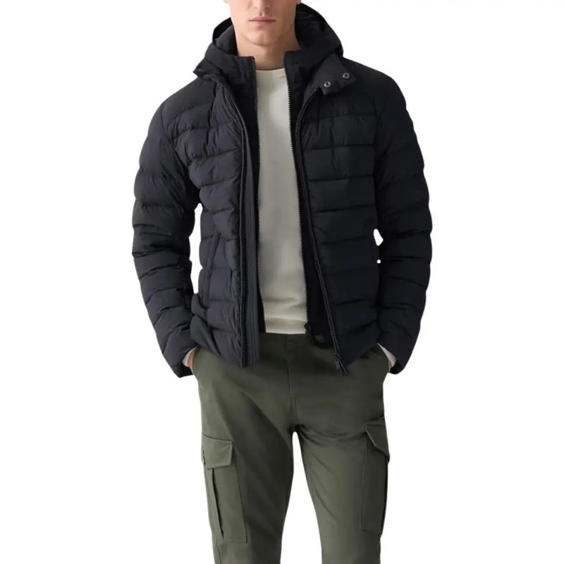 Black puffer jacket with hood and zipper, made of synthetic material.