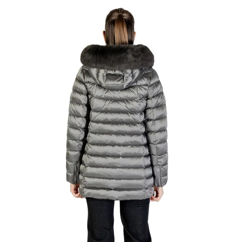 Gray women’s puffer coat with fur-lined hood from Colmar Originals Long Grey Hooded Zip Jacket for Women