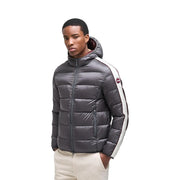 Colmar Originals Steppjacke für Herren in Dunkelgrau mit weißem Ärmelstreifen und rotem Ärmellogo, Seitenansicht