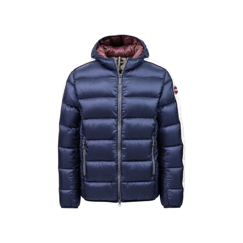Colmar Originals Steppjacke für Herren in Marineblau mit weißen Seitenstreifen und bordeauxrotem Innenfutter, Vorderansicht