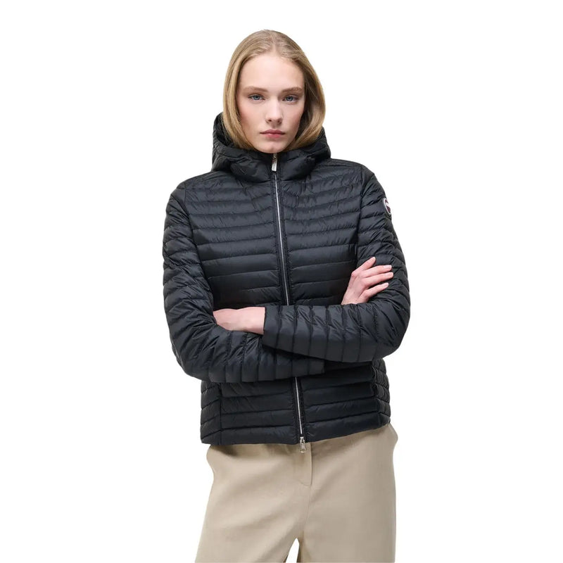 Colmar Originals Damen-Steppjacke aus schwarzem Nylon mit Kapuze und silbernem Reißverschluss vorne
